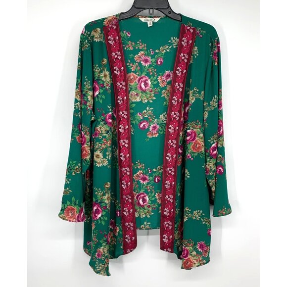 Pioneer Kimono Green Floral Print Embroidered Open Front - Picture 2 of 10